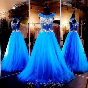 2016 Robes de soirée sexy chaudes chaudes porter illusion cristal majeur perle du bleu royal long creux ouvert vestide formel vestidos bal gow 262c