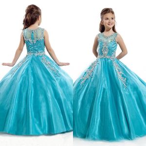 2016 Hot Sell Pageant Jurken voor Meisjes Mooie Bling Beaded Sheer Jewel Baljurk Sky Blue Tulle Princess Girls Formele jurk vloerlengte