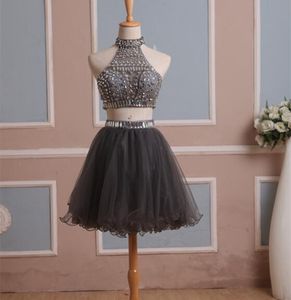 2021 In Stock Real Homecoming Jurk Twee Stukken Grijze Tule Graduation Toga met Rhinestones High Neck Short Prom Cocktail Party Town