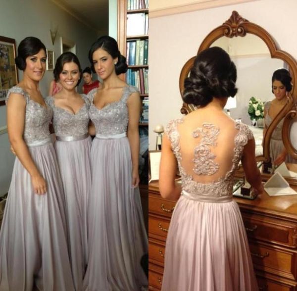 2016 En stock Vestidos de dama de honor de boda de gasa baratos y atractivos Cuentas bordadas Una línea con escote en forma de corazón Manga corta Piso trasero transparente 6514431