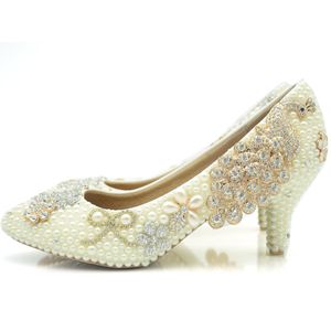 Ivory Wedding Shoes Pearl Middle Heel Bridal Party Prom Schoenen Rhinestone Phoenix Platforms Kralen Moeder van de Bruid Schoenen