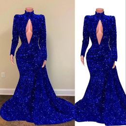 2022 Sexy Bling Royal Blue Avondjurken Dragen Hoge Hals Sleutelgat Fluwelen Glinsterende Lovertjes Kant Pailletten Overskirts Rits Back Party Jurk Prom Jurken