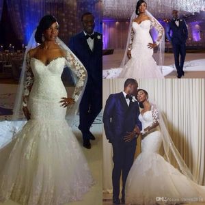 Lange mouwen Lace Mermaid Wedding Jurken South Africa Sheer Applique Plus Size Church Bridal Jurets Court Train White Wedding Jurk