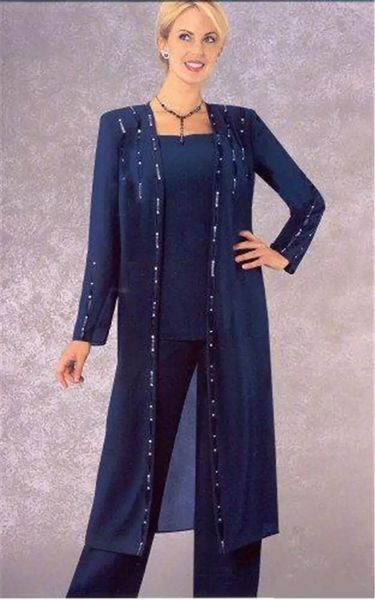 Élégant perlé à manches longues mère de la mariée pantalons costumes 2017 bleu royal en mousseline de soie grande taille robes de soirée formelles sur mesure