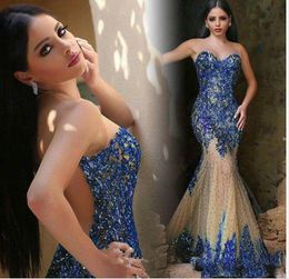 2020 Luxe Dubai Saoedi-Arabische Avondjurken Sexy Sheer Neck Royal Blue Beaded Crystal Mermaid Galajurken Feestavondjurken