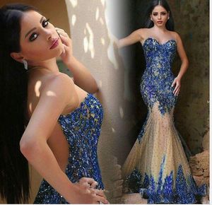 2020 Luxe Dubai Saoedi-Arabische Avondjurken Sexy Sheer Neck Royal Blue Beaded Crystal Mermaid Galajurken Feestavondjurken