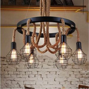 Vintage hanglamp LED Hennep touw hanger lamp Industrial Lighting 6 Heads Kroonluchter Licht armatuur voor restaurant woonkamer koffie