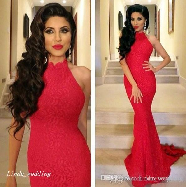 2019 sirena vestido de fiesta largo hermoso rojo cuello alto encaje mujeres usan vestido para ocasiones especiales vestido de fiesta de noche