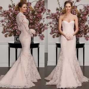 Robe de mariée sirène pleine dentelle décolleté en coeur robes de mariée avec Illusion manches longues veste Wrap boléro balayage Train