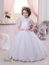 2016 robes de mariées miniatures avec demi-manches et appliques de dentelle arc rose perlée robe de bal en tulle robes de filles de fleur avec lacets dans le dos