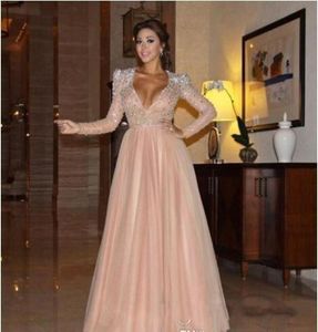 2016 Myriam Fares Champagne Pink Luxury Prom Dresses A Línea Tulle V Neck Bling Crystal de manga larga de manga larga1905550