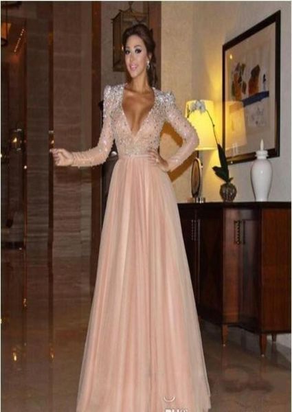 2016 Myriam Fares Champagne Pink Luxury Prom Dresses A Línea Tulle V Neck Bling Crystal Boade Long Vageds8216947