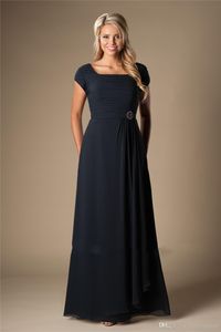 Navy Blue Long Chiffon Modeste Bruidsmeisjes Jurken met Cap Mouwen Lange Vloer A-Lijn Bruiloft Jurken Maids of Honour Jurken