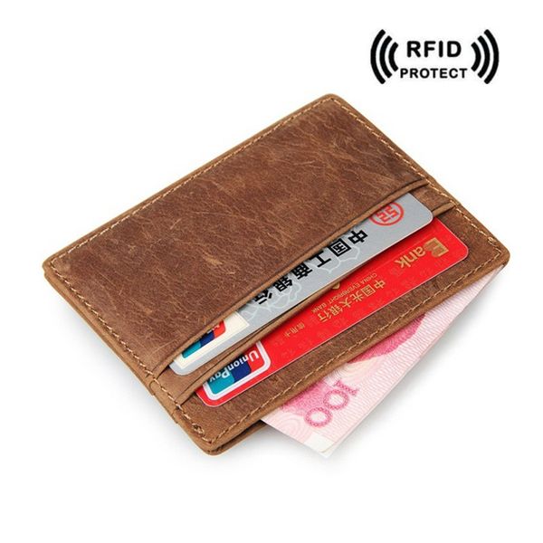 100% Garantía Crazy Horse Leather Slim Card Case para hombres Titular de la tarjeta RFID Manga de bloqueo RFID para caja de tarjeta de crédito 2017 NUEVA Marca de moda