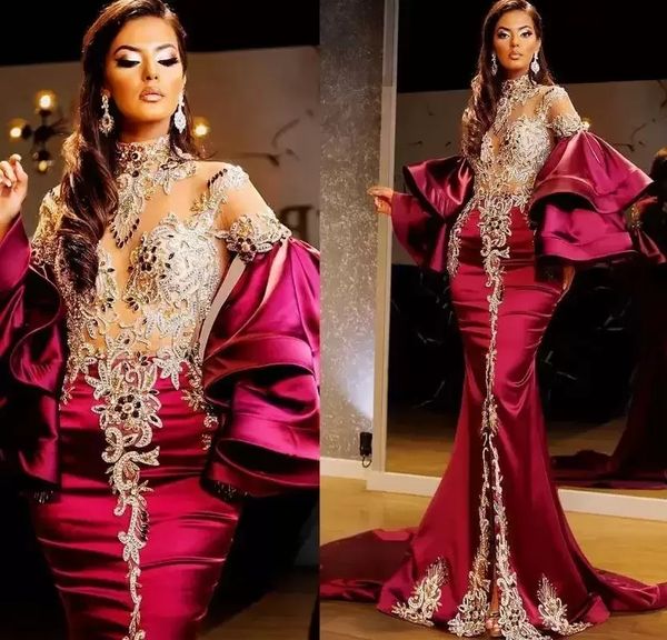 2022 Sparkly Arabe Aso Ebi Rouge Foncé Sirène Robes De Soirée Cristaux Perlés Haute Split Manches Longues Plus La Taille De Bal Formelle Partie Deuxième Réception Robes BC14099