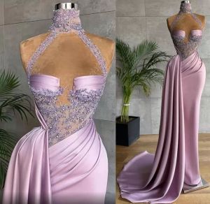 2022 Lilas Sexy Sirène Robes De Soirée Porter Col Haut Longue Dentelle Appliques Perles Formelle Plus Taille Robe De Bal Robe De Soirée Pageant Robes Côtés Coupés