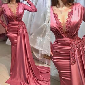 2021 Sexy Prom Dresses Jewel Hals Illusion Lange Mouwen Water Meloen Kant Applicaties Crystal Beads Mermaid Plus Size Feestjurk Avondjurken Sweep Trein