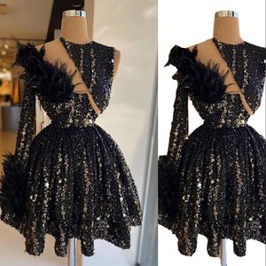 2022 vestidos de cóctel de plumas brillantes manga larga de lujo con cuentas negro con lentejuelas mujeres africanas lentejuelas vestidos de fiesta cortos vestido de noche formal de regreso a casa