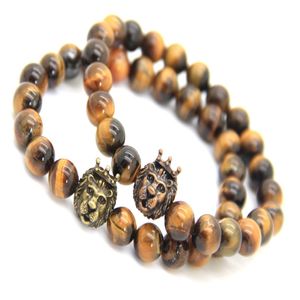 Bracelets en pierre d'oeil de tigre naturel de 8mm pour hommes, nouveau Design, perles avec couronne, tête de Lion, cadeau de fête, nouveau Design, 2016Bracele184N