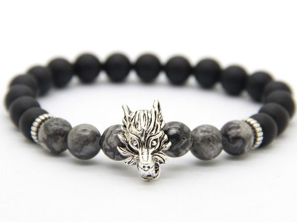 2016 nouveau Design bijoux pour hommes en gros best-seller 8mm mat Agate pierre loup Bracelet perlé, Bracelet de Courage