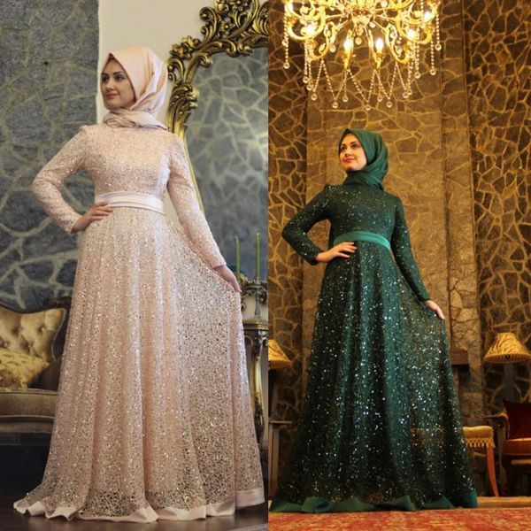 2016 nouvelles robes de soirée formelle musulmane à manches longues robe de soirée fête robes arabes manches longues paillettes perlées dentelle longueur de plancher