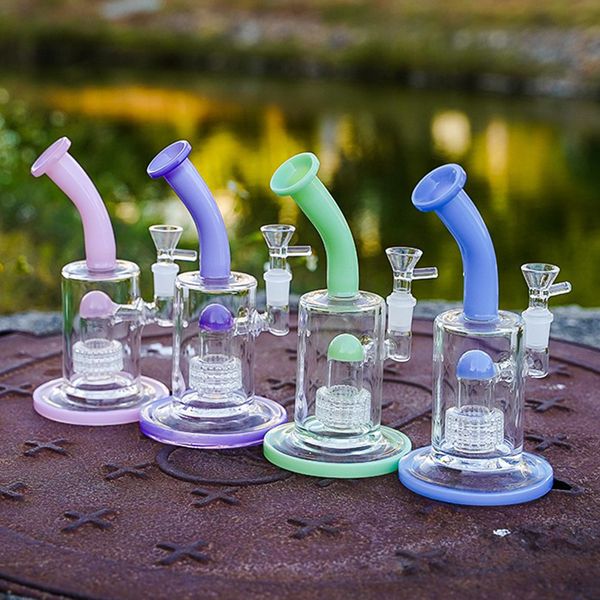 5 mm Embriagador Bongs de vidrio Cachimbas Birdcage Perc Púrpura Azul Verde Rosa Agua Bong Tuberías Cúpula Plataformas petroleras Protección contra salpicaduras Dab Rig Tubo de curva Tubo Filtro de rueda Tazón hembra de 14 mm