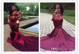 2016 Nieuwe sexy Bourgondië Lange mouwen Moslimavondjurken Mermaid V Hals Lace Sheer Arabisch Dubai Afrikaanse formele prom -jurk Evenin5038635
