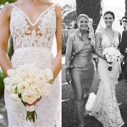 Nieuwe Stijl Inbal Dror Trouwjurken Sexy Mermaid Doorzien Bruidsjurken Diepe V-hals Mouwloze Backless Kant Applicaties Court Train