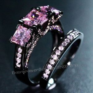 2016 Nouveau Style Trois Pierres Rose pierre de naissance 5A Zircon pierre Noir Or 925 Sterling Argent Femmes Bague De Fiançailles De Mariage Bague Ensemble