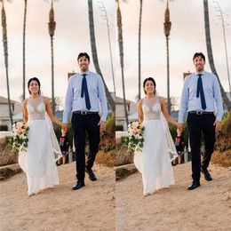 2020 juweel chiffon aline trouwjurken Boheemse strand hippie stijl bruidsjurken met op maat gemaakte plus size