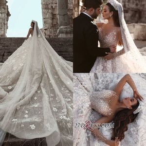 Luxe Lange Mouw 2019 Designer Trouwjurken Rits Terug Baljurk Bloemen Crystal Custom Made Bridal Towns