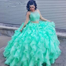 Nieuwe tweedelige Quinceanera jurken baljurken met Beadede Crystal Organza Sweet 16 jurken vestidos de quinceañera