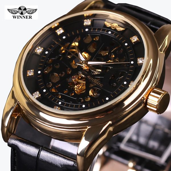 2024 Nouveau Top Luxe WINNER Marque Hommes Montre Automatique Auto-Vent Squelette Montre Noir Or Diamant Cadran Hommes Montres-Bracelets