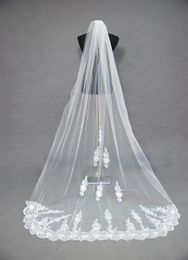 2016 Noble White ivoor Wedding Bruids Veil Lace Appliques Cathedral Train Tule Veil Face Veil ZJ1212084719