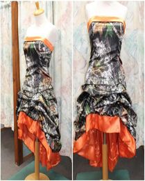 2016 Orange Camo Court Robes de bal Robes sans bretelles Pick Up CORSET SATIN ELASTIQUE Lacet Up Backless Evening Party Robes High Low Country1144148