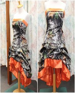 2016 Orange Camo Short Prom -jurken Strapless Pick Up Elastic Satin Corset Vaces Up Backless Evening Feestjurken High Low Country 1144148