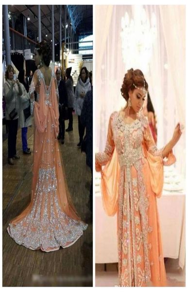 2016 Robes de soirée pêche à la mode arabe longue robe robe caftan argent perlé brillant caftan backless robe robes de soirée top sal1360299