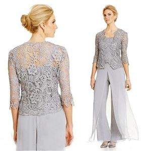 2019 Populaire 3 Pièces Mère de la Mariée Pantalon Costumes Argent Custom Made Bretelles Spaghetti Top Long Pantalon Sheer Lace Jacket avec Manches