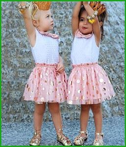 2016 prinses meisjes feestjurken kind baby meisjes stip lovertjes boog print zonnejurk kinderkleding set top vestidos 6967631