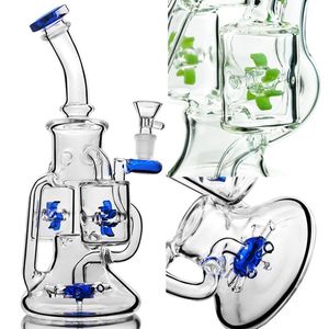 Recycleur de narguilé Double 10 pouces, plate-forme Dab, percolateur à hélice, verre bleu vert avec bol de 14mm, machine à vanner