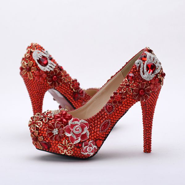 Chaussures de mariée en strass rouge, magnifiques escarpins de soirée en cristal pour fête de mariage et discothèque, chaussures pour mère de la mariée