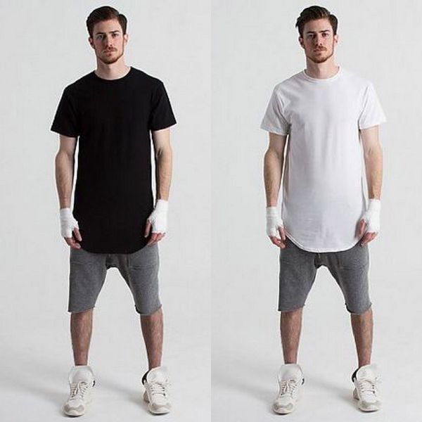 Camiseta extendida para hombre Camiseta de algodón de moda para hombre Camisetas de cantante Dobladillo curvo Línea larga Tops ropa Camisetas Camisetas de Hip Hop Urbano en blanco