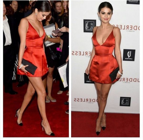 Selena Gomez Vestidos de alfombra roja Vestido corto de fiesta de noche con cuello en V Vestidos de cóctel de fiesta de noche sin espalda baratos Ropa sexy para mujer