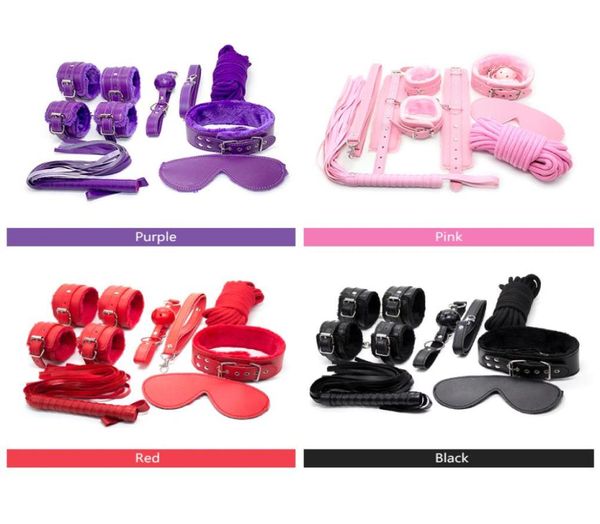 2016 sexe bandage en cuir bdsm adulte jeu de sexe 6 pièces menottes visage bandage couvre-chef retenue jouets sexuels pour Couples9874974