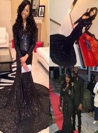 2016 Sexy Noire à manches longues Sirène Sircaid Robes de soirée plongeant V Colliline Court Train de célébrités Vèches Afrique Prom Dres4012431
