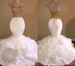 2016 Sexy Mermaid White and Gold Prom Dresses Spaghetti Strap Lace Ruffles Vestido de graduación africano largo sin espalda para Gradustion OR7724829