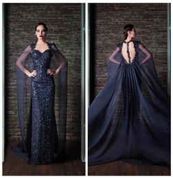 2016 SHEED PORTAIT NAVY BLAUWE AVONDEN JURKEN Chiffon -staringen Beading Appliques Arab Long Lengte Chifffon Shawl Rami Kadi Prom D3716856