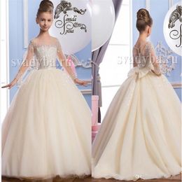 2016 Sheer Neck Kralen Tulle Luxe Arabisch Bloemenmeisje Jurken Vintage Kind Pageant Jurken Mooie Bloemenmeisje Bruiloft Dres234Y