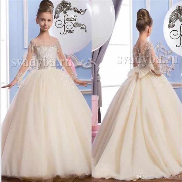 2016 Sheer Cou Perlé Tulle Luxueux Arabe Robes De Fille De Fleur Vintage Enfant Pageant Robes Belle Fleur Fille De Mariage Dres234Y