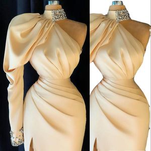 Elegant Beige Sheath Cocktail Dress with Long Sleeves, Pleats, One Shoulder, Beaded High Neck, Mini Short Prom Party Wear Evening Dress for Women, Custom Made